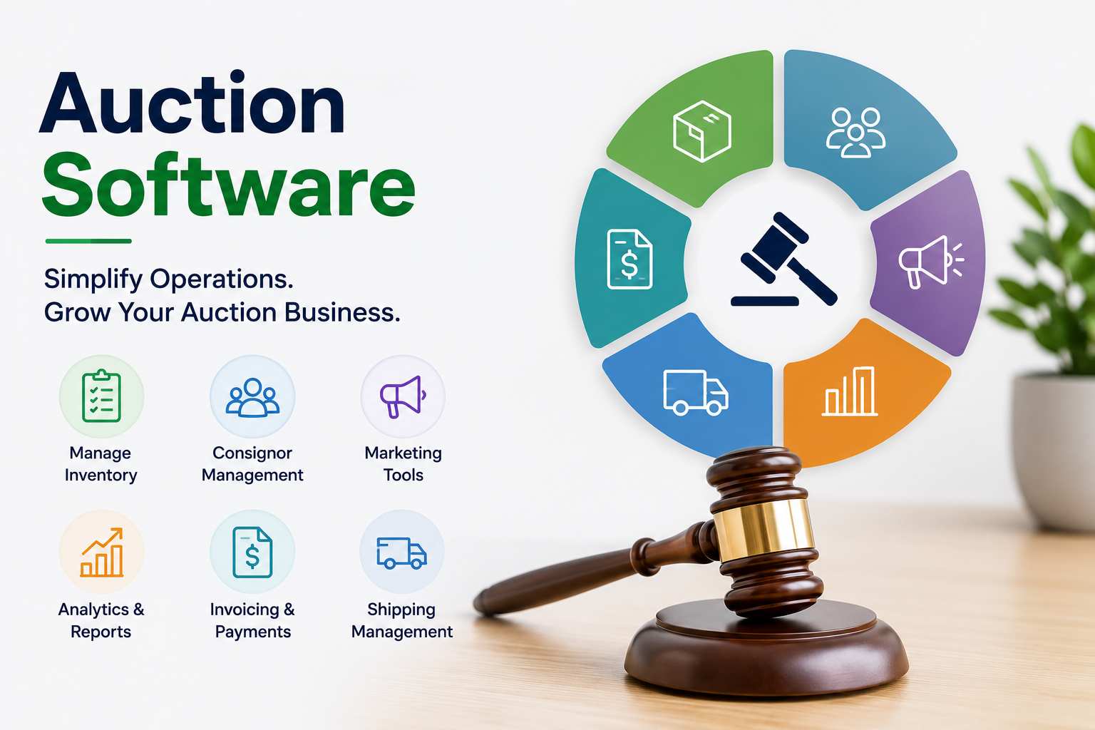 All-in-one auction software with inventory tracking, consignor tools, marketing automation, analytics, invoicing, and shipping management.