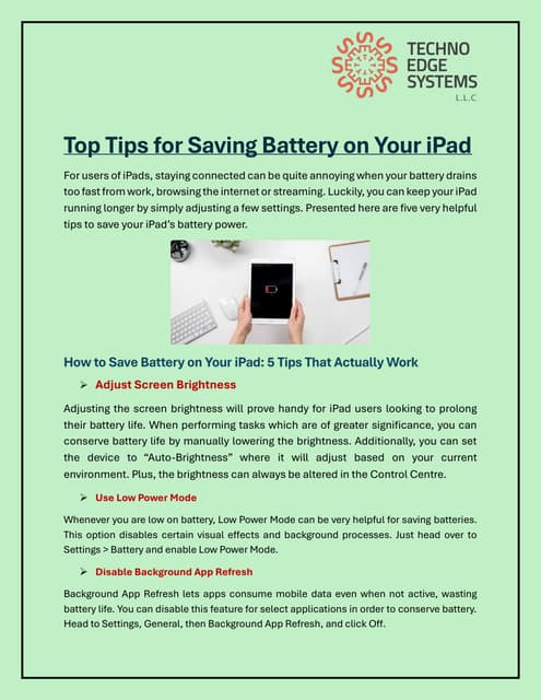 Top Tips for Saving Battery on Your iPad | PDF
