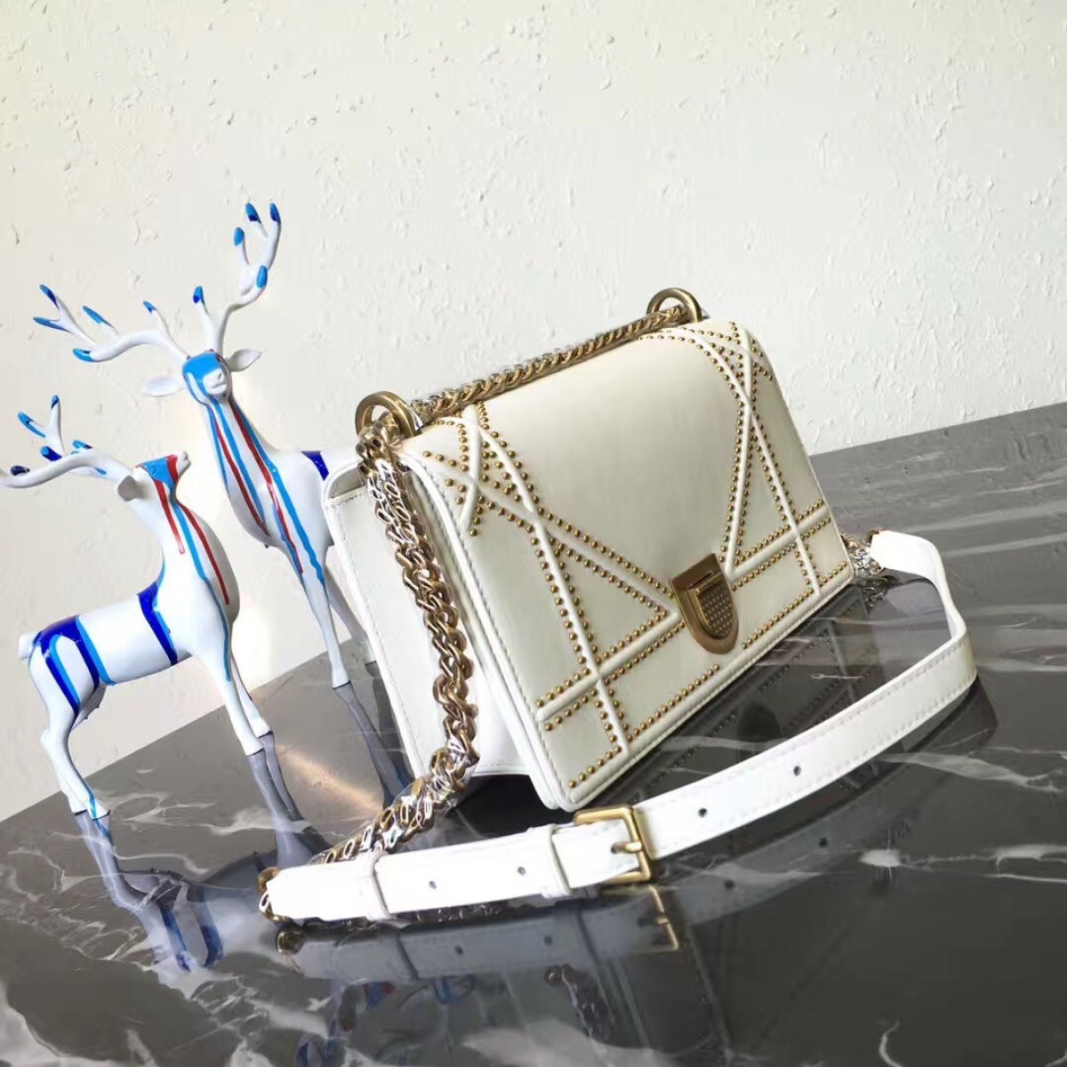 Dior Diorama Bag In White Studded Lambskin High Quality Replica