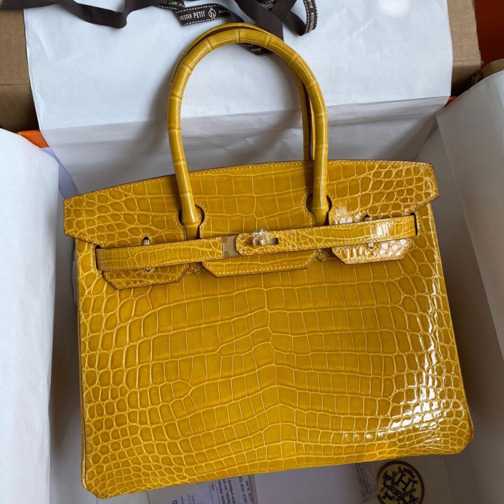 High Quality Replica Hermes Birkin 30 Handmade Bag In Jaune Ambre Crocodile Niloticus Shiny Skin $ 8689 USD