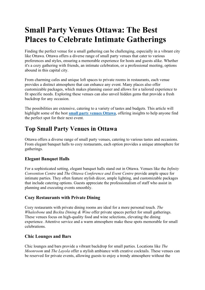 PPT - Small Party Venues Ottawa: The Best Places to Celebrate Intimate Gatherings PowerPoint Presentation - ID:14485057