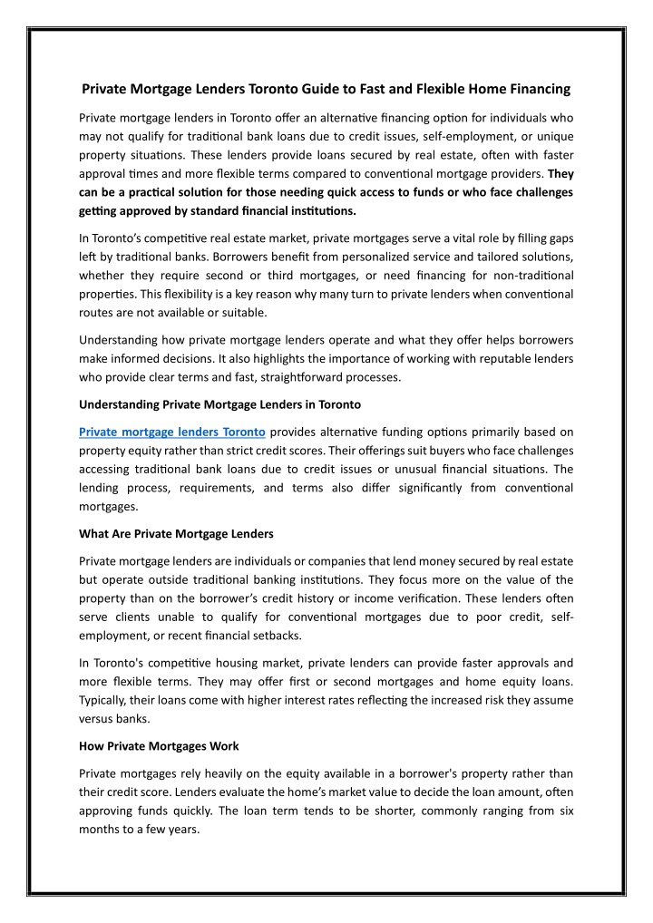 Private Mortgage Lenders Toronto Guide to Fast and Flexible Home Financing PowerPoint Presentation - ID:14523960