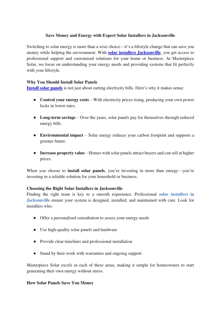 PPT - Save Money and Energy with Expert Solar Installers in Jacksonville PowerPoint Presentation - ID:14611416