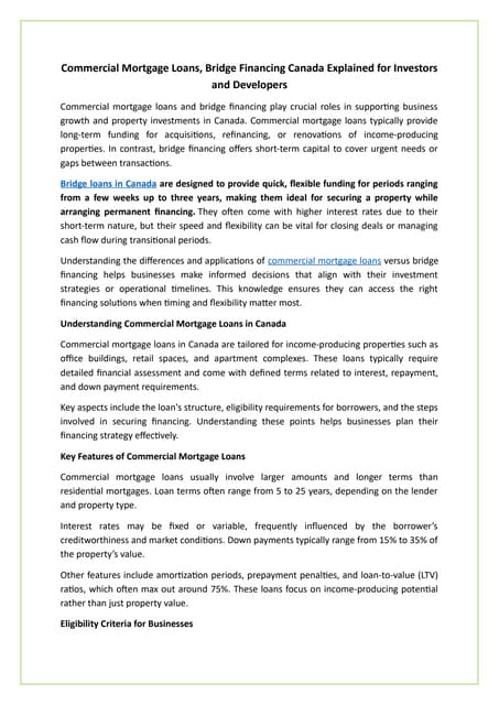 Commercial Mortgage Loans, Bridge Financing Canada Explained for Investors and Developers.docx